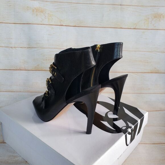Nine West Leather Mohawkit Peep Toe Heeled Ankle Boots Booties Buckle Black 8M - Picture 6 of 16